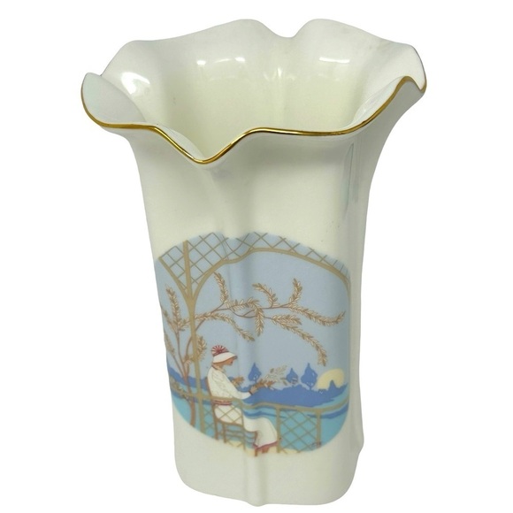 VTG Art Deco Fine Bone China Vase Roaring 20’s Woman Sitting Lake Great Gatsby - Picture 6 of 9